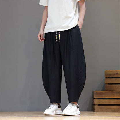 Buddha Stones Summer Casual Minimalist Drawstring Solid Cropped Pants Men's Harem Pants With Pocket