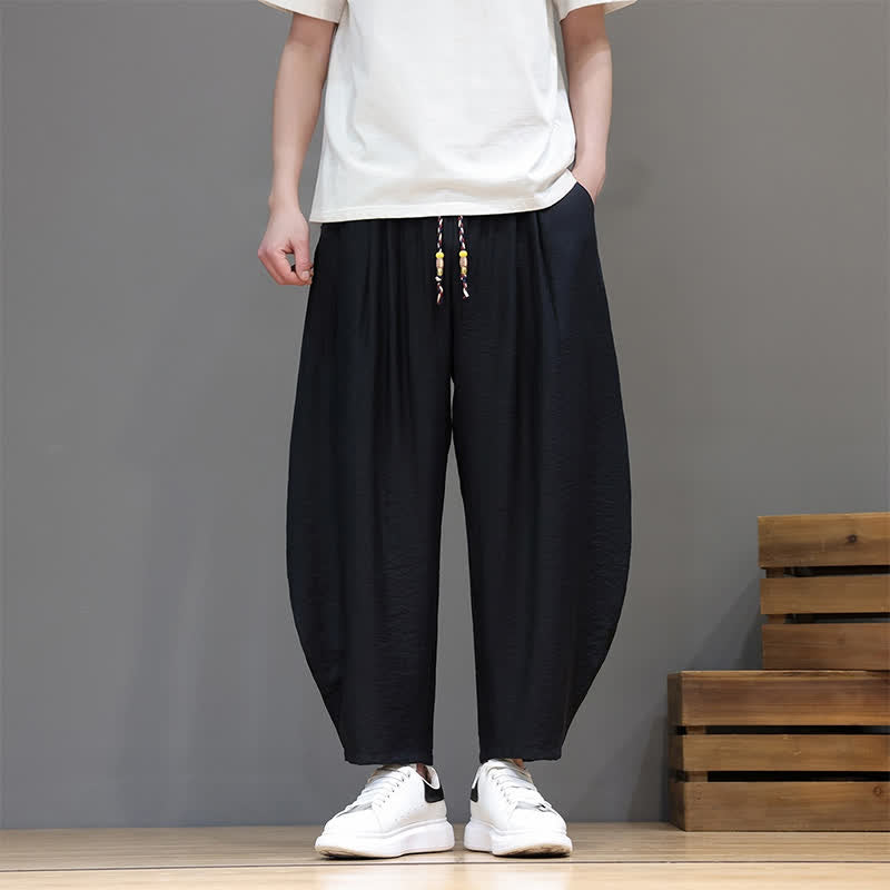 Buddha Stones Summer Casual Minimalist Drawstring Solid Cropped Pants Men's Harem Pants With Pocket
