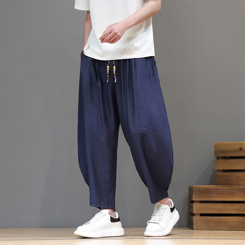 Buddha Stones Summer Casual Minimalist Drawstring Solid Cropped Pants Men's Harem Pants With Pocket