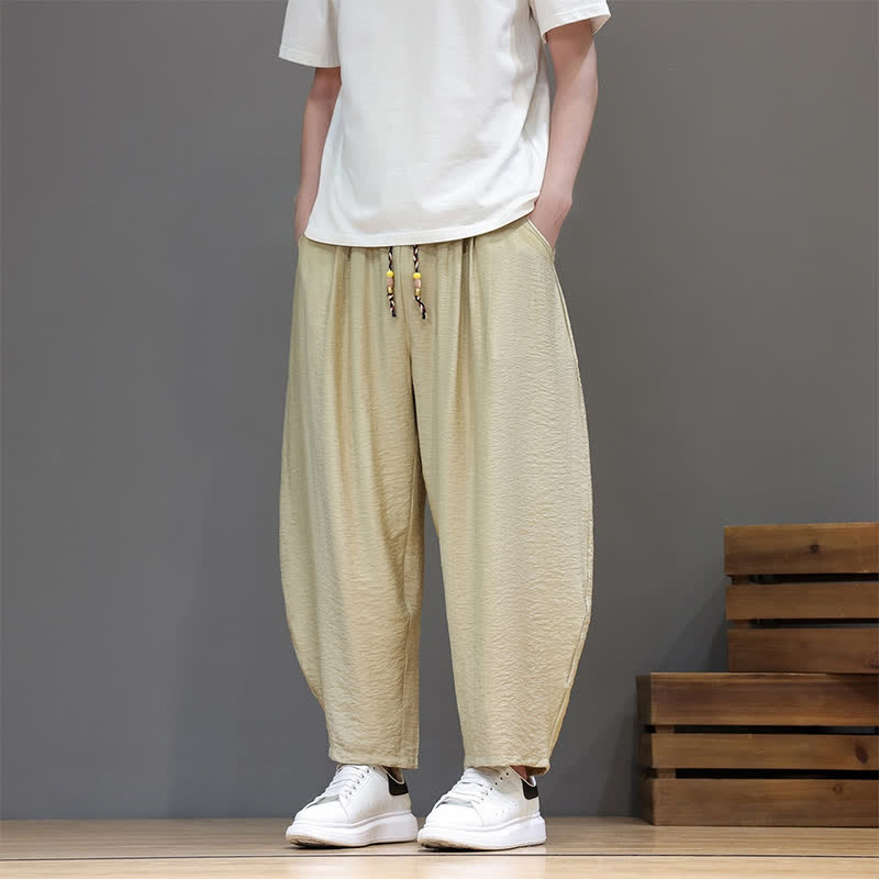 Buddha Stones Summer Casual Minimalist Drawstring Solid Cropped Pants Men's Harem Pants With Pocket