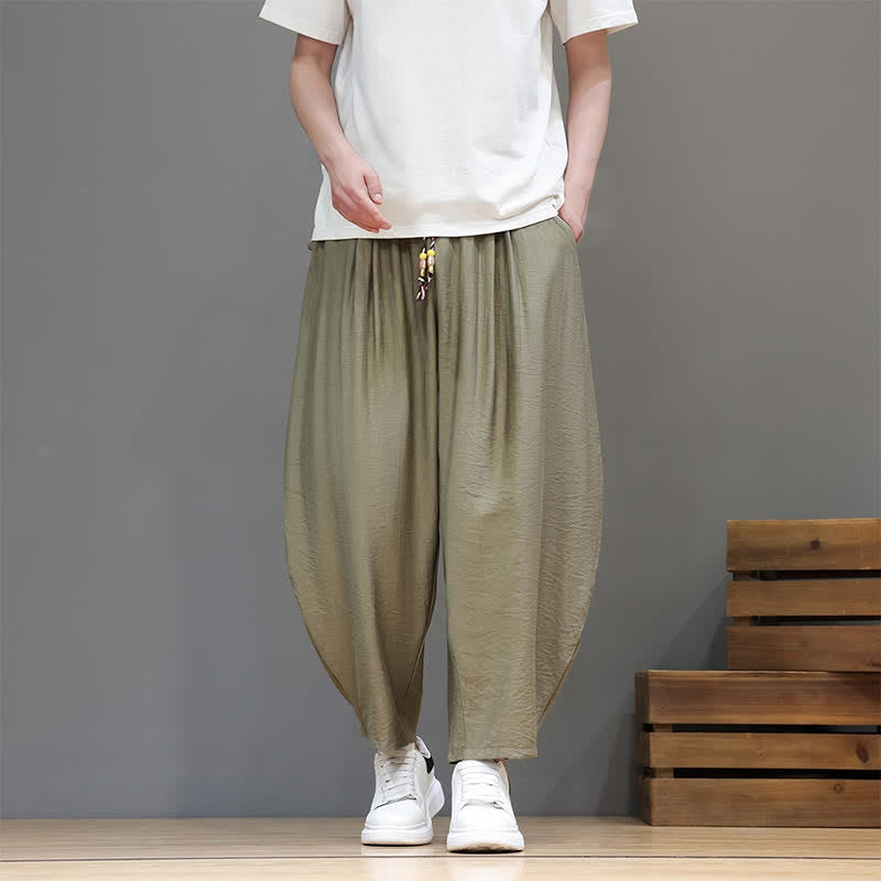 Buddha Stones Summer Casual Minimalist Drawstring Solid Cropped Pants Men's Harem Pants With Pocket