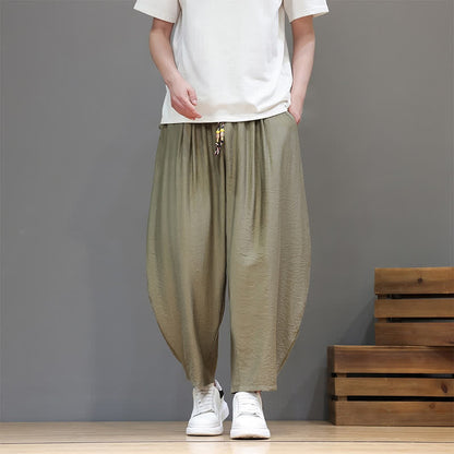 Buddha Stones Summer Casual Minimalist Drawstring Solid Cropped Pants Men's Harem Pants With Pocket
