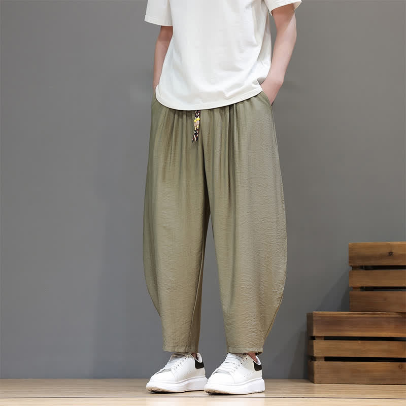 Buddha Stones Summer Casual Minimalist Drawstring Solid Cropped Pants Men's Harem Pants With Pocket