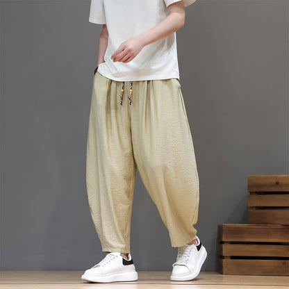 Buddha Stones Summer Casual Minimalist Drawstring Solid Cropped Pants Men's Harem Pants With Pocket