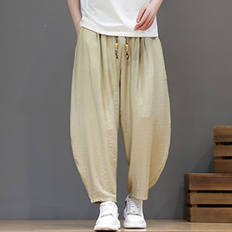 Buddha Stones Summer Casual Minimalist Drawstring Solid Cropped Pants Men's Harem Pants With Pocket