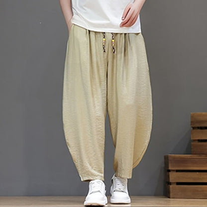 Buddha Stones Summer Casual Minimalist Drawstring Solid Cropped Pants Men's Harem Pants With Pocket