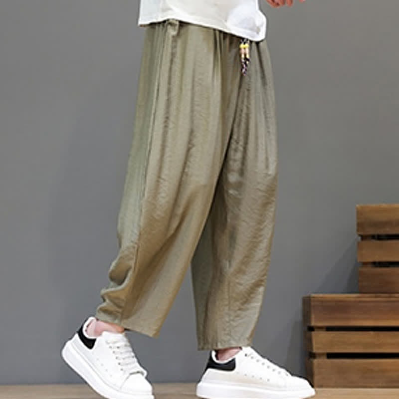 Buddha Stones Summer Casual Minimalist Drawstring Solid Cropped Pants Men's Harem Pants With Pocket