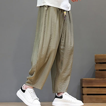 Buddha Stones Summer Casual Minimalist Drawstring Solid Cropped Pants Men's Harem Pants With Pocket