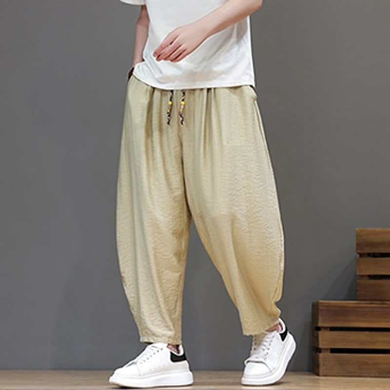Buddha Stones Summer Casual Minimalist Drawstring Solid Cropped Pants Men's Harem Pants With Pocket