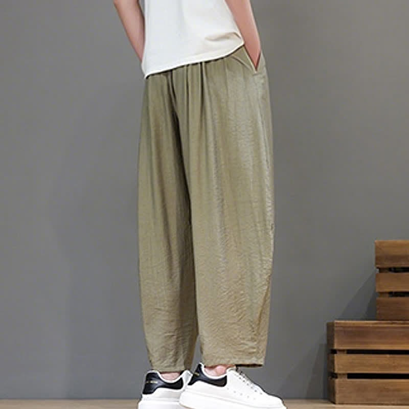 Buddha Stones Summer Casual Minimalist Drawstring Solid Cropped Pants Men's Harem Pants With Pocket