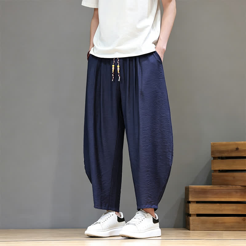 Buddha Stones Summer Casual Minimalist Drawstring Solid Cropped Pants Men's Harem Pants With Pocket