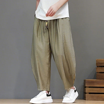 Buddha Stones Summer Casual Minimalist Drawstring Solid Cropped Pants Men's Harem Pants With Pocket