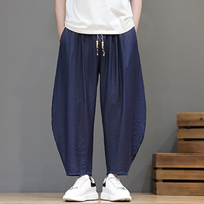 Buddha Stones Summer Casual Minimalist Drawstring Solid Cropped Pants Men's Harem Pants With Pocket