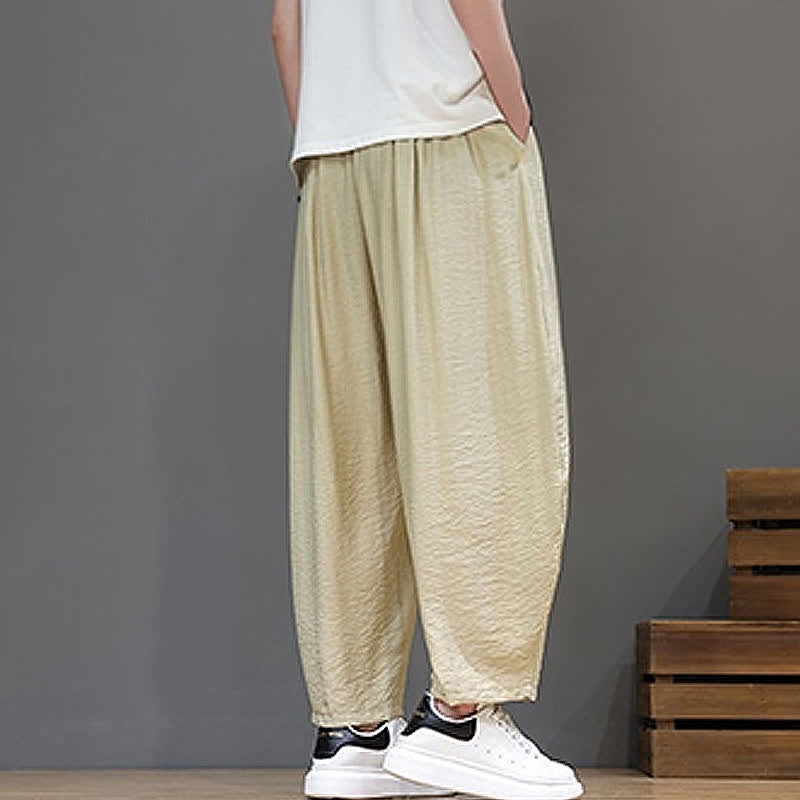 Buddha Stones Summer Casual Minimalist Drawstring Solid Cropped Pants Men's Harem Pants With Pocket