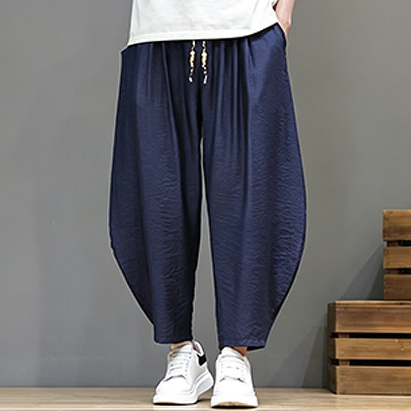 Buddha Stones Summer Casual Minimalist Drawstring Solid Cropped Pants Men's Harem Pants With Pocket