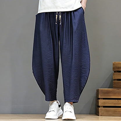 Buddha Stones Summer Casual Minimalist Drawstring Solid Cropped Pants Men's Harem Pants With Pocket