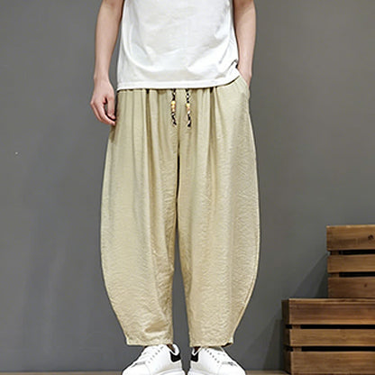 Buddha Stones Summer Casual Minimalist Drawstring Solid Cropped Pants Men's Harem Pants With Pocket