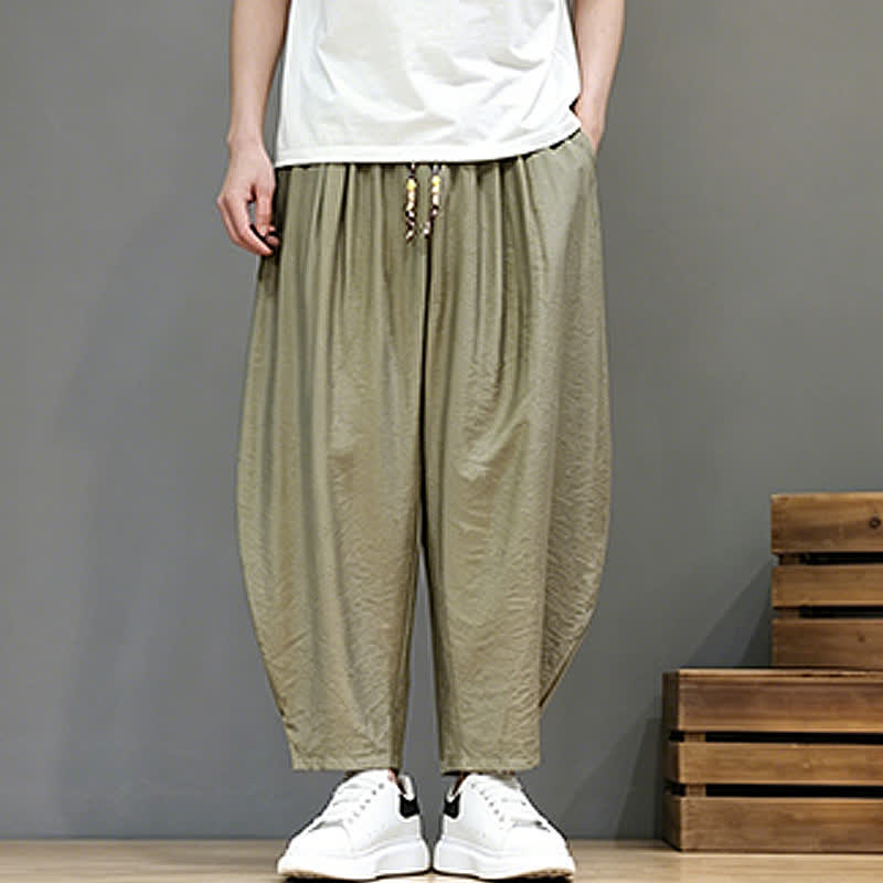 Buddha Stones Summer Casual Minimalist Drawstring Solid Cropped Pants Men's Harem Pants With Pocket