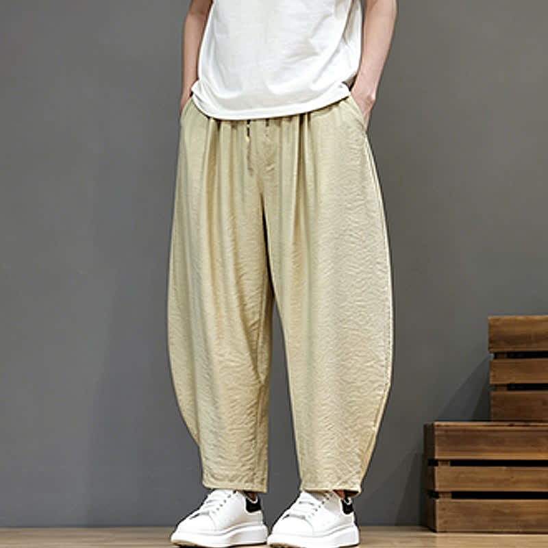 Buddha Stones Summer Casual Minimalist Drawstring Solid Cropped Pants Men's Harem Pants With Pocket