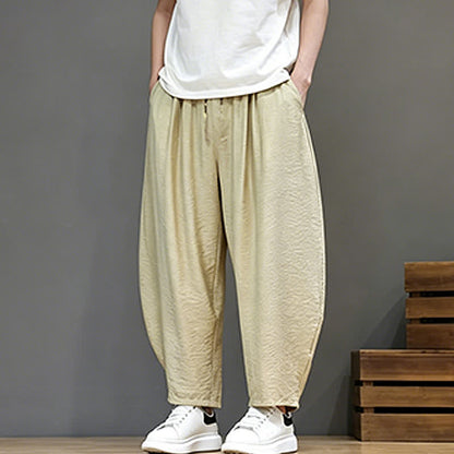 Buddha Stones Summer Casual Minimalist Drawstring Solid Cropped Pants Men's Harem Pants With Pocket