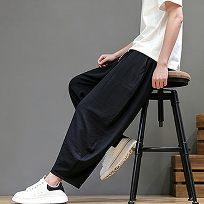Buddha Stones Summer Casual Minimalist Drawstring Solid Cropped Pants Men's Harem Pants With Pocket