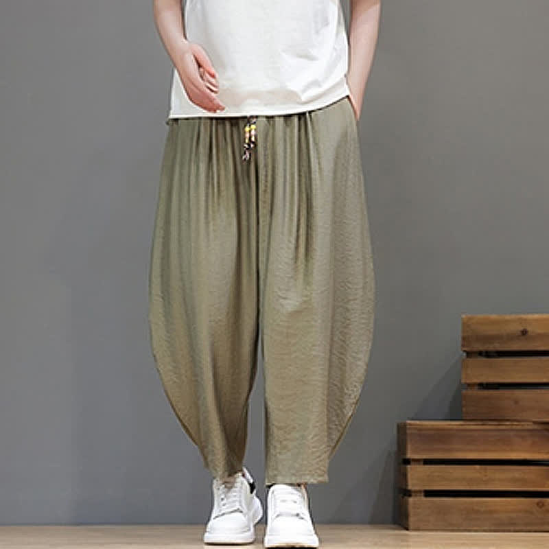 Buddha Stones Summer Casual Minimalist Drawstring Solid Cropped Pants Men's Harem Pants With Pocket