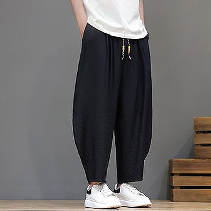 Buddha Stones Summer Casual Minimalist Drawstring Solid Cropped Pants Men's Harem Pants With Pocket