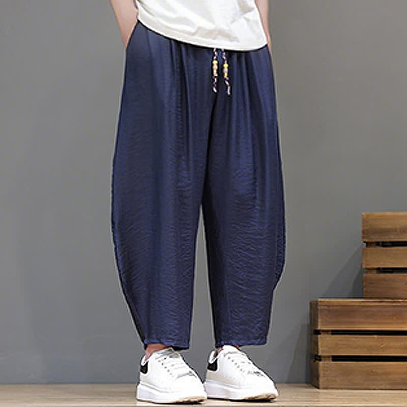 Buddha Stones Summer Casual Minimalist Drawstring Solid Cropped Pants Men's Harem Pants With Pocket