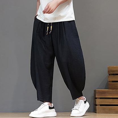 Buddha Stones Summer Casual Minimalist Drawstring Solid Cropped Pants Men's Harem Pants With Pocket