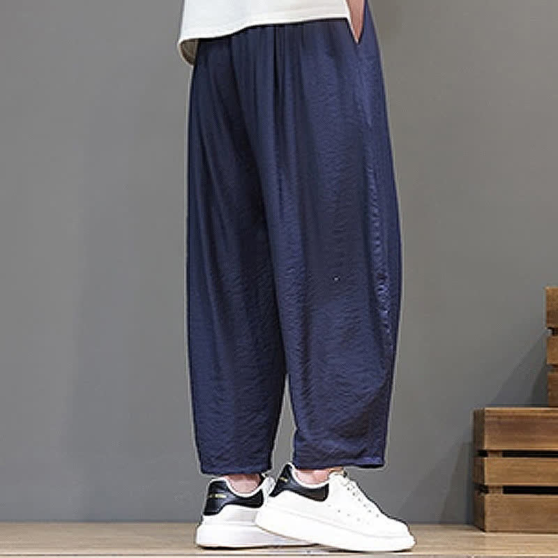Buddha Stones Summer Casual Minimalist Drawstring Solid Cropped Pants Men's Harem Pants With Pocket