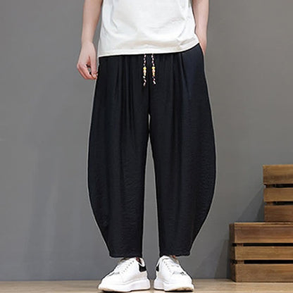 Buddha Stones Summer Casual Minimalist Drawstring Solid Cropped Pants Men's Harem Pants With Pocket