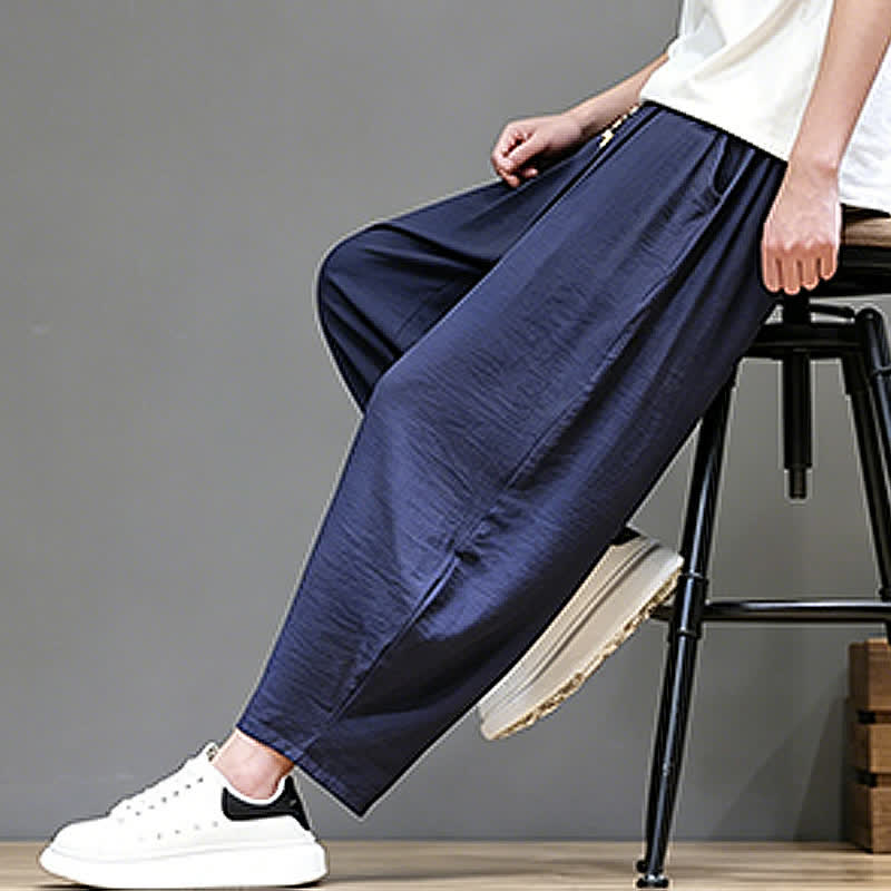 Buddha Stones Summer Casual Minimalist Drawstring Solid Cropped Pants Men's Harem Pants With Pocket