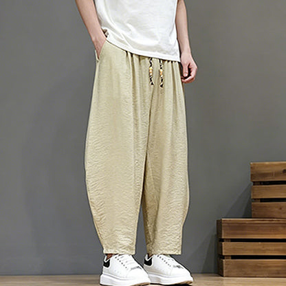 Buddha Stones Summer Casual Minimalist Drawstring Solid Cropped Pants Men's Harem Pants With Pocket