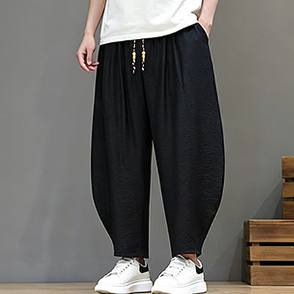 Buddha Stones Summer Casual Minimalist Drawstring Solid Cropped Pants Men's Harem Pants With Pocket