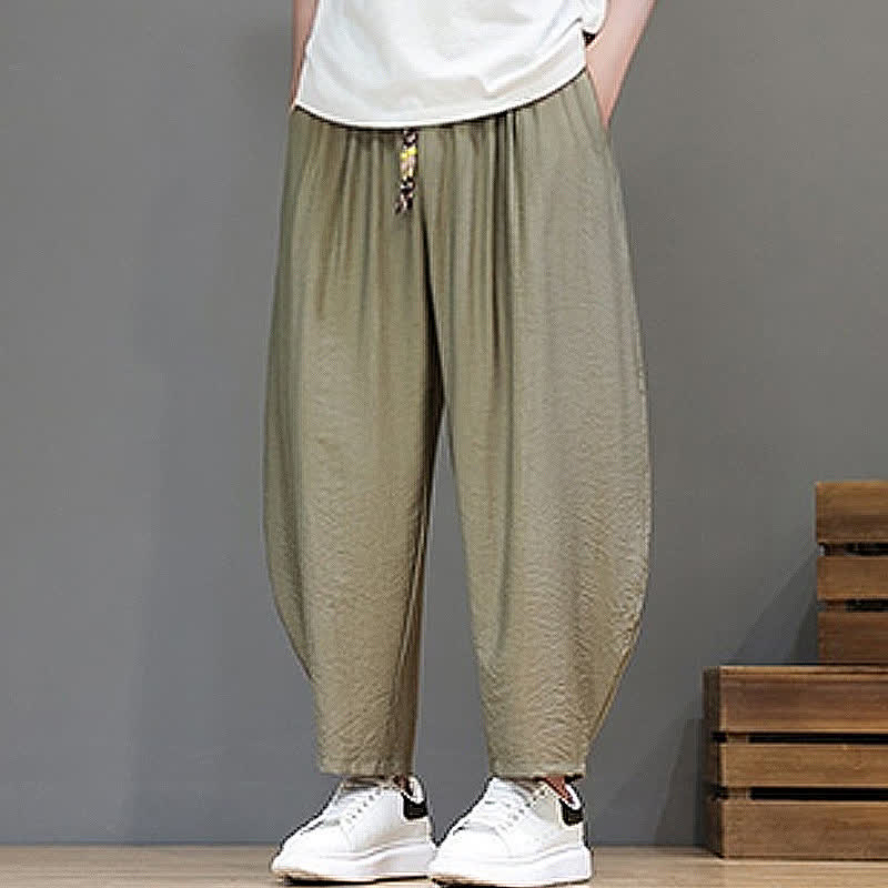 Buddha Stones Summer Casual Minimalist Drawstring Solid Cropped Pants Men's Harem Pants With Pocket