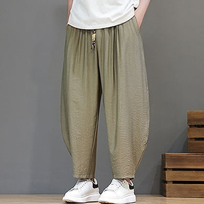 Buddha Stones Summer Casual Minimalist Drawstring Solid Cropped Pants Men's Harem Pants With Pocket