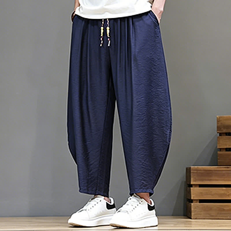 Buddha Stones Summer Casual Minimalist Drawstring Solid Cropped Pants Men's Harem Pants With Pocket