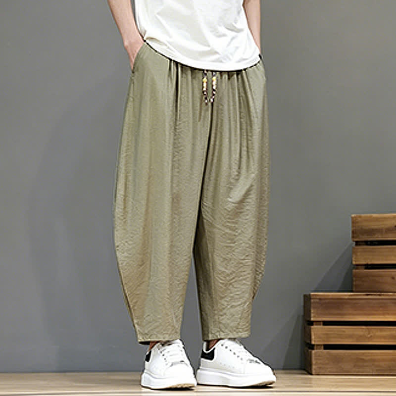 Buddha Stones Summer Casual Minimalist Drawstring Solid Cropped Pants Men's Harem Pants With Pocket