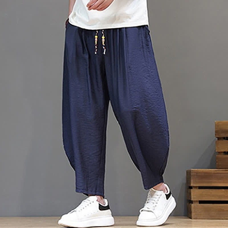 Buddha Stones Summer Casual Minimalist Drawstring Solid Cropped Pants Men's Harem Pants With Pocket
