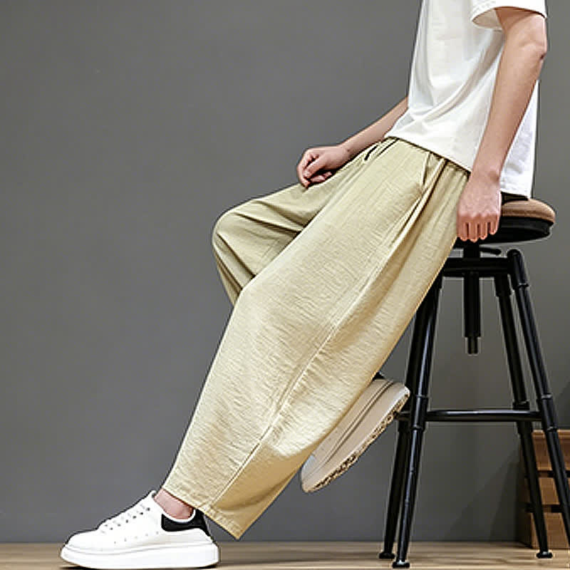 Buddha Stones Summer Casual Minimalist Drawstring Solid Cropped Pants Men's Harem Pants With Pocket