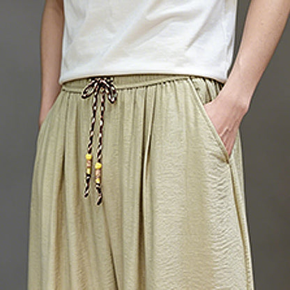 Buddha Stones Summer Casual Minimalist Drawstring Solid Cropped Pants Men's Harem Pants With Pocket