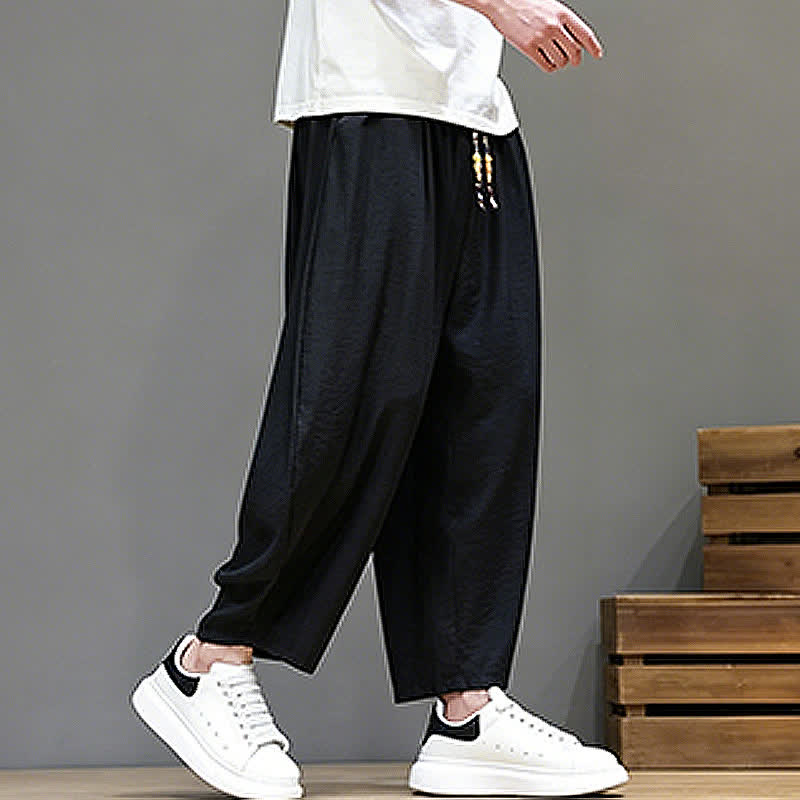 Buddha Stones Summer Casual Minimalist Drawstring Solid Cropped Pants Men's Harem Pants With Pocket