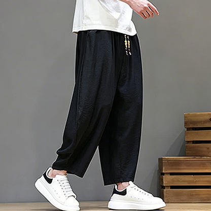 Buddha Stones Summer Casual Minimalist Drawstring Solid Cropped Pants Men's Harem Pants With Pocket