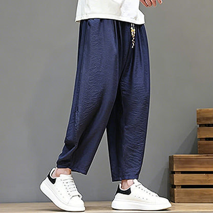 Buddha Stones Summer Casual Minimalist Drawstring Solid Cropped Pants Men's Harem Pants With Pocket