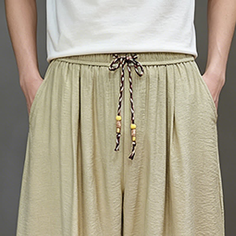 Buddha Stones Summer Casual Minimalist Drawstring Solid Cropped Pants Men's Harem Pants With Pocket
