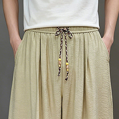 Buddha Stones Summer Casual Minimalist Drawstring Solid Cropped Pants Men's Harem Pants With Pocket