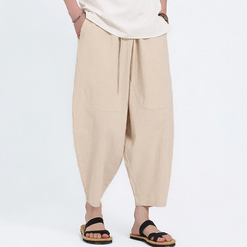Buddha Stones Summer Casual Drawstring Solid Cotton Linen Capri Pants Men's Harem Pants With Pockets