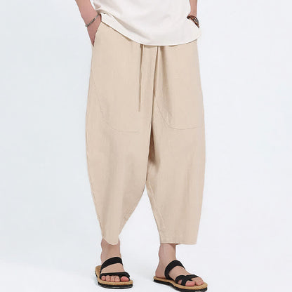 Buddha Stones Summer Casual Drawstring Solid Cotton Linen Capri Pants Men's Harem Pants With Pockets