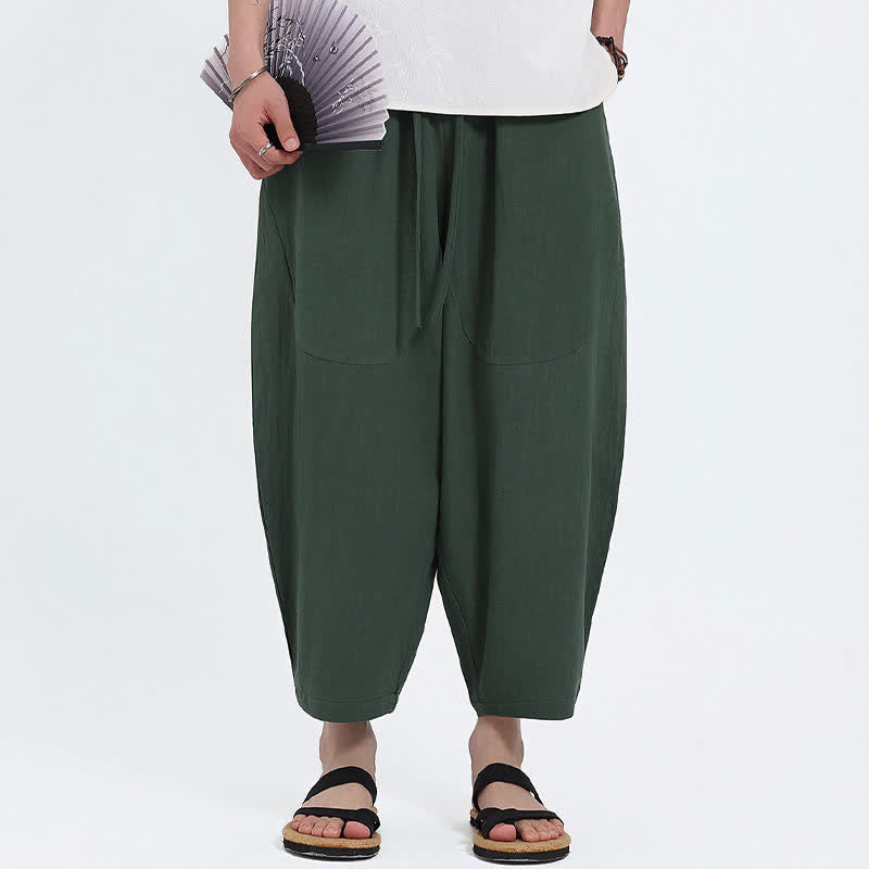 Buddha Stones Summer Casual Drawstring Solid Cotton Linen Capri Pants Men's Harem Pants With Pockets