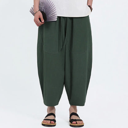 Buddha Stones Summer Casual Drawstring Solid Cotton Linen Capri Pants Men's Harem Pants With Pockets
